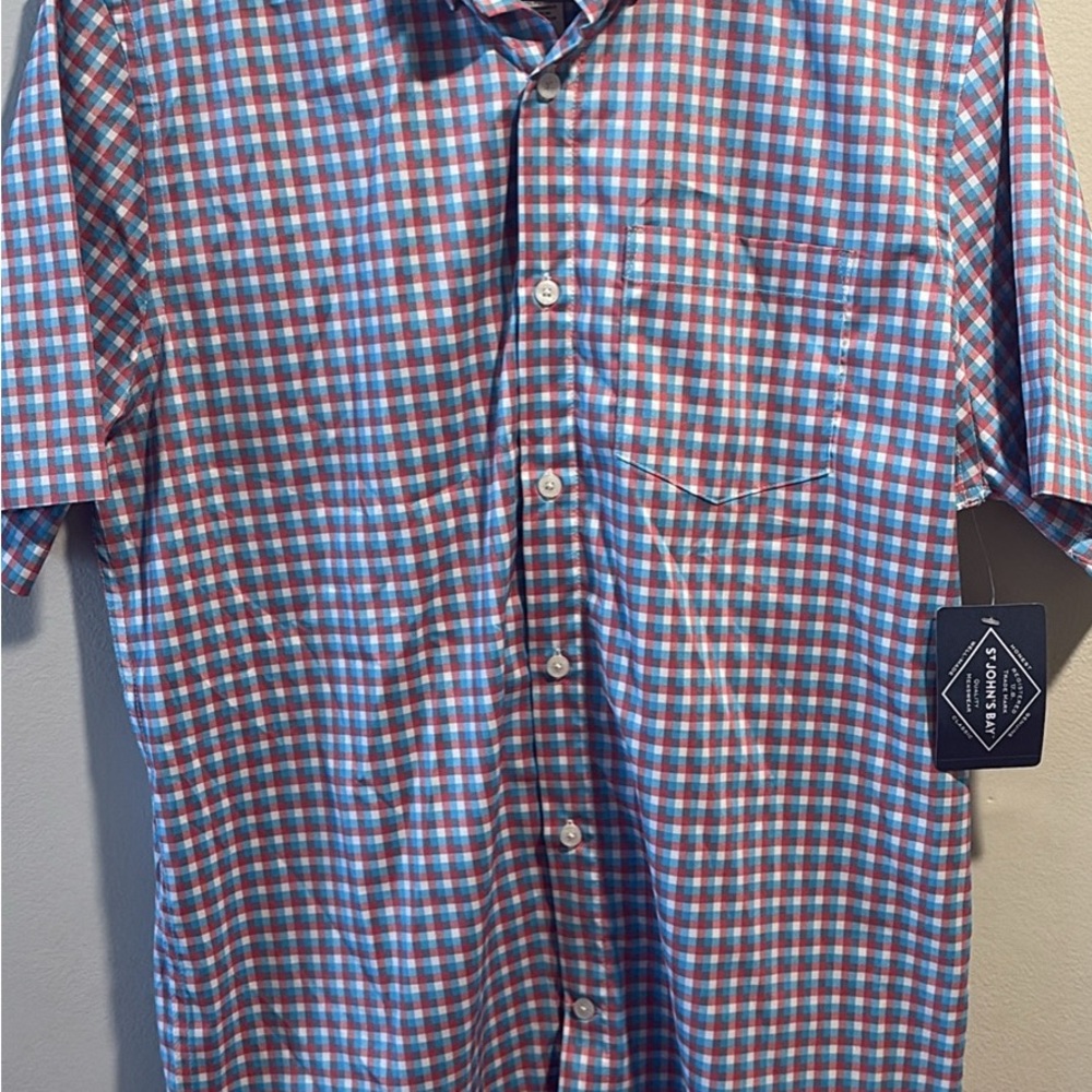 Men's St John’s Bay Blue and Red Checkered Classic Fit Short Sleeve Shirt